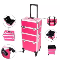 Mefeir 2-in-1 Rolling Makeup Train Case,4 Removable Travel Wheels w/Lockable Keys+Shoulder Strap,Aluminum Cosmetic Trolley Cart Beauty Artist Organizer,Ideal Xmas New Year Gift(Rose-Pink)