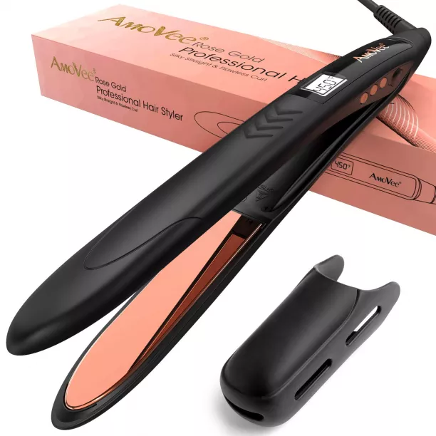 AmoVee Nano Titanium Flat Iron Hair Straightener and Curler 2 in 1 Straightens Curls with 11 Adjustable Temp Up to 450 Fahrenheit Professional 1 Inch Flat Iron for All Hair Types Black Rose Gold