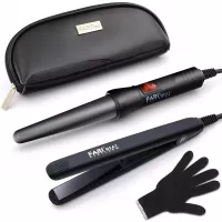 FARI Travel Hair Curling Iron and Mini Flat Iron 2 in 1 Kit, Ceramic Tourmaline Curling Wands and Hair straighteners Set, Heat Resistant Glove and Travel Pouch Included, Black