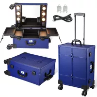 Byootique Blue Rolling Makeup Case with Mirror Light Cosmetic Work Station Storage Luggage Travel Studio Extendable Tray Wheel