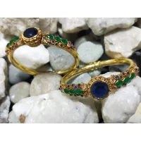 24k Gold Plated Handmade Bangles Studded Emerald and Blue Stones