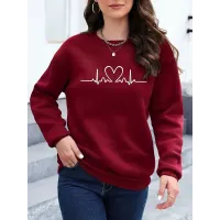 Women's Plush Pullover Sweatshirt With Round Neck, Heart Pattern, Plush Lined, Autumn/Winter Sportswear Suitable For Winter