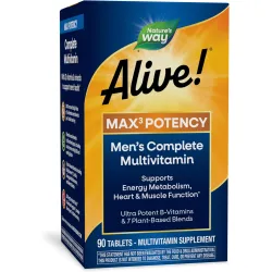 Nature’s Way Alive! Men’s Max3 Potency Multivitamin, Supports Energy Metabolism*, Heart & Muscle Function*, with Methylated B12 and Folate, Gluten-Free, 90 Tablets (Packaging May Vary)